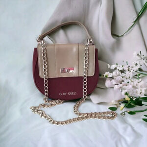 RARE G by GUESS Maroon Burgundy Tan Crescent Moon Mini Bag Purse + Chain Strap